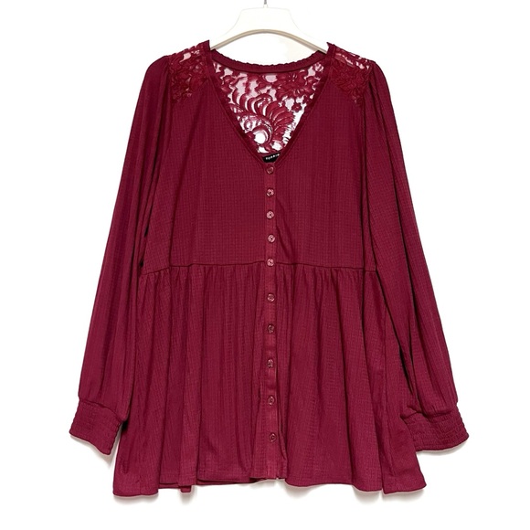 Torrid Babydoll Knit VNeck Button Front Lace Inset Peasant Top Red Plus SZ 3X - Picture 2 of 14